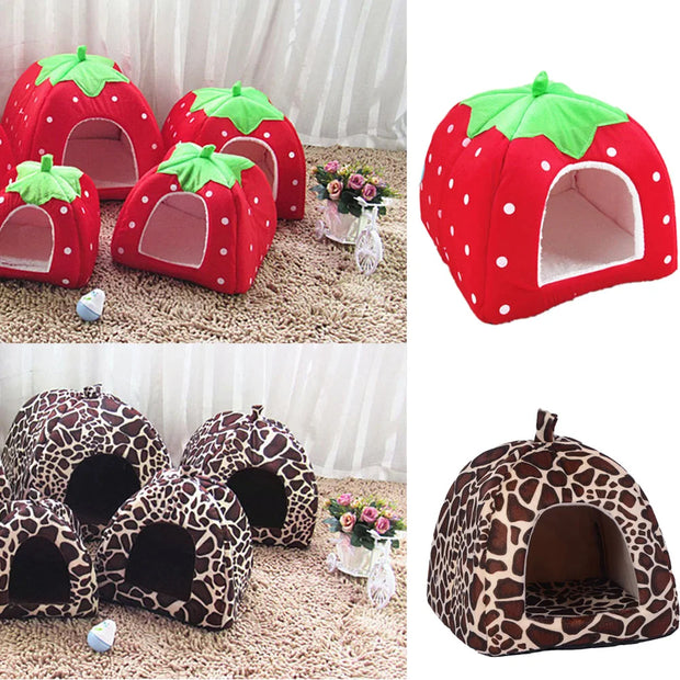 Strawberry Pet Cushion Basket – Soft Tent Bed for Small Dogs & Cats