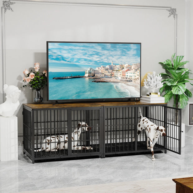 Wood & Metal Dog Crate – Furniture-Style with 3 Doors & Tray
