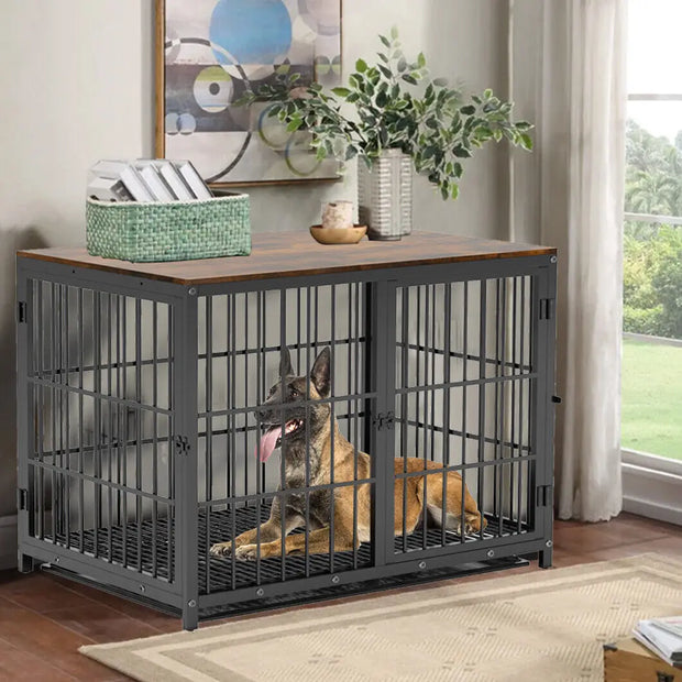 Wood & Metal Dog Crate – Furniture-Style with 3 Doors & Tray