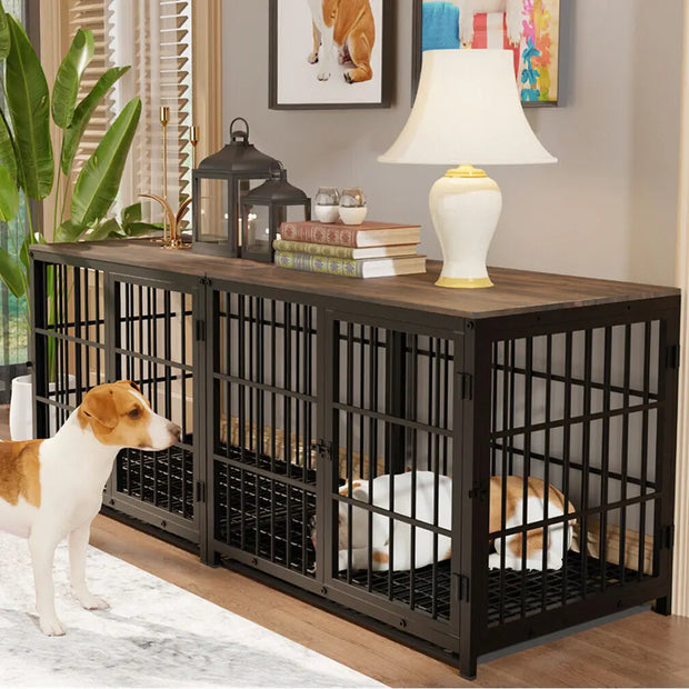 Wood & Metal Dog Crate – Furniture-Style with 3 Doors & Tray