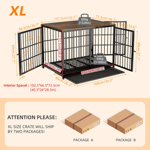 Wood & Metal Dog Crate – Furniture-Style with 3 Doors & Tray