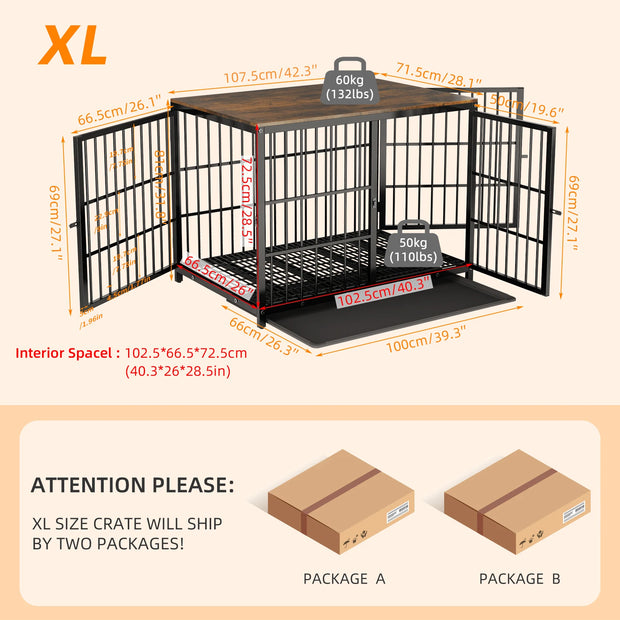 Wood & Metal Dog Crate – Furniture-Style with 3 Doors & Tray