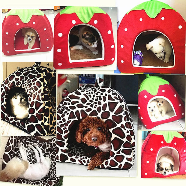 Strawberry Pet Cushion Basket – Soft Tent Bed for Small Dogs & Cats