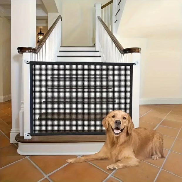 Foldable Pet Safety Gate – Breathable Mesh Barrier with Hooks