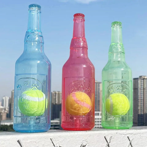 TPR Beer Bottle Chew Toy – With Tennis Ball & Squeaker for Dogs